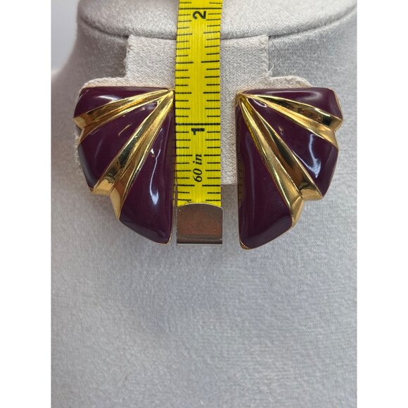 Napier Vintage Gold Tone Purple Enamel Half Moon Fan Screw Back Clip On Earrings - Picture 6 of 6